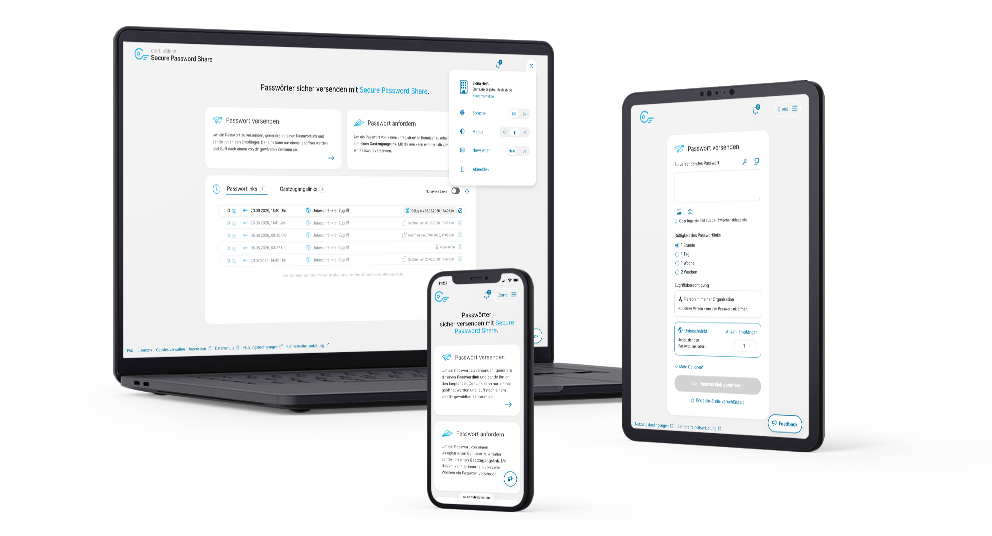 Smartphone Tablet und Laptop mit Secure Password Share auf dem Screen